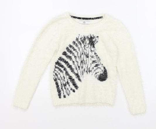 Marks and Spencer Girls White Round Neck Polyamide Pullover Jumper Size 7-8 Years Pullover - Zebra