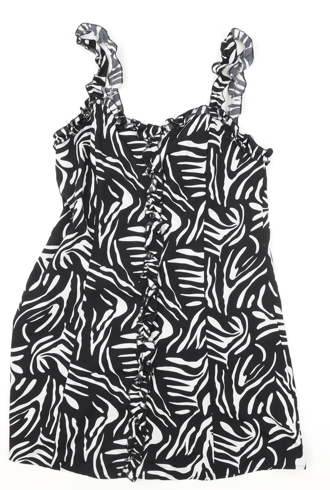 Boohoo Womens Black Animal Print Polyester Tank Dress Size 10 Sweetheart Button