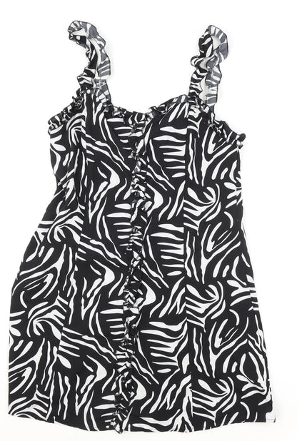 Boohoo Womens Black Animal Print Polyester Tank Dress Size 10 Sweetheart Button