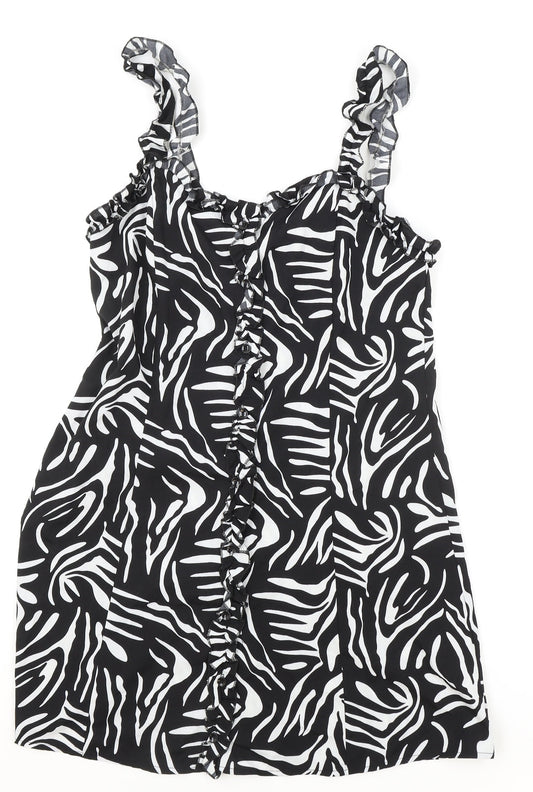 Boohoo Womens Black Animal Print Polyester Tank Dress Size 10 Sweetheart Button