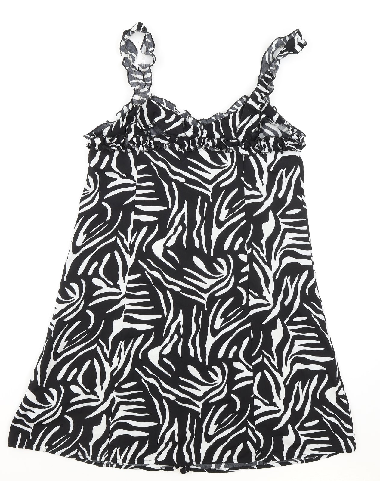 Boohoo Womens Black Animal Print Polyester Tank Dress Size 10 Sweetheart Button