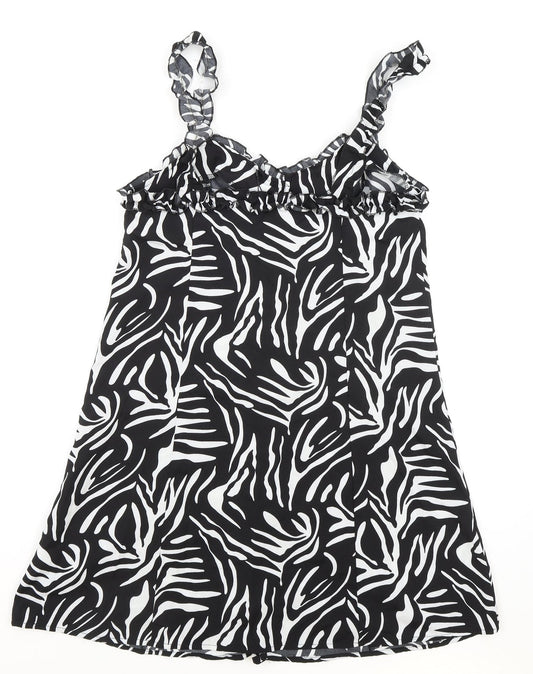 Boohoo Womens Black Animal Print Polyester Tank Dress Size 10 Sweetheart Button