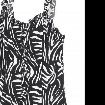 Boohoo Womens Black Animal Print Polyester Tank Dress Size 10 Sweetheart Button