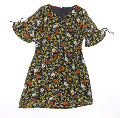 POP Womens Black Floral Polyester A-Line Size 2 Boat Neck Zip