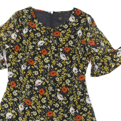 POP Womens Black Floral Polyester A-Line Size 2 Boat Neck Zip