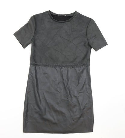Zara Womens Grey Polyester T-Shirt Dress Size XS Round Neck Pullover - Faux leather