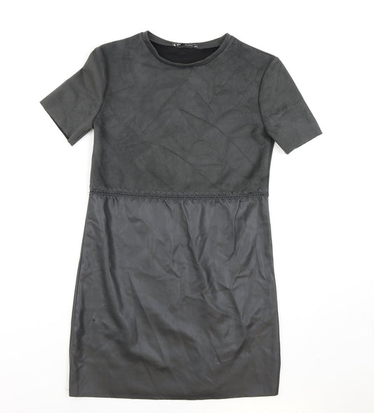 Zara Womens Grey Polyester T-Shirt Dress Size XS Round Neck Pullover - Faux leather