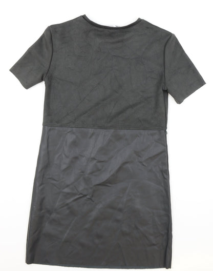 Zara Womens Grey Polyester T-Shirt Dress Size XS Round Neck Pullover - Faux leather