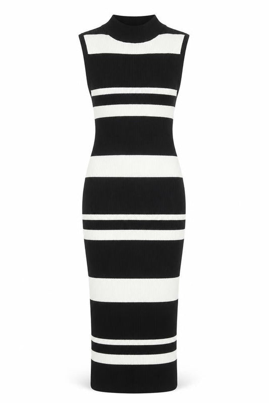 LU NYC Womens Black Striped Viscose Bodycon Size S Mock Neck Pullover