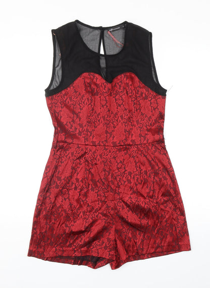 Internacionale Womens Red Floral Cotton Playsuit One-Piece Size 12 L3 in Zip