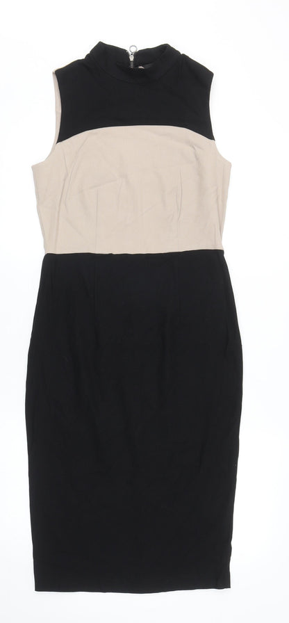Dorothy Perkins Womens Black Colourblock Polyester Pencil Dress Size 10 Mock Neck Zip - Slit