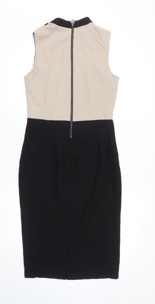 Dorothy Perkins Womens Black Colourblock Polyester Pencil Dress Size 10 Mock Neck Zip - Slit