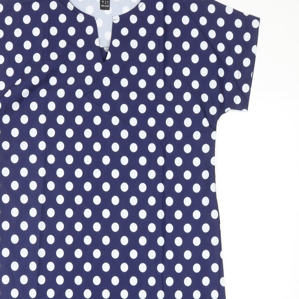 SheIn Womens Blue Polka Dot Polyester Sheath Size S V-Neck Pullover