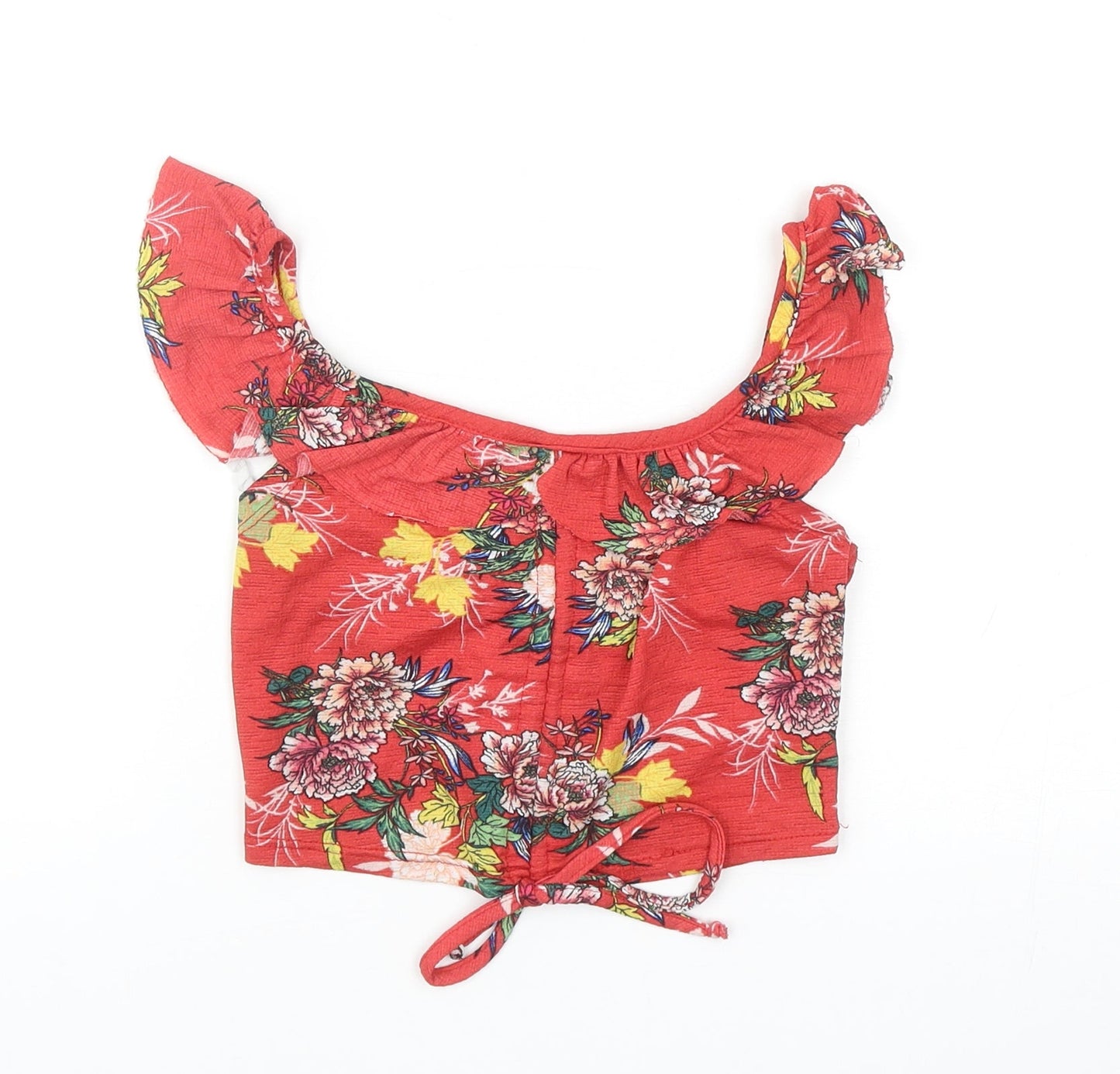 MRP Womens Red Floral Polyester Cropped Tank Size XS Scoop Neck - Ruched