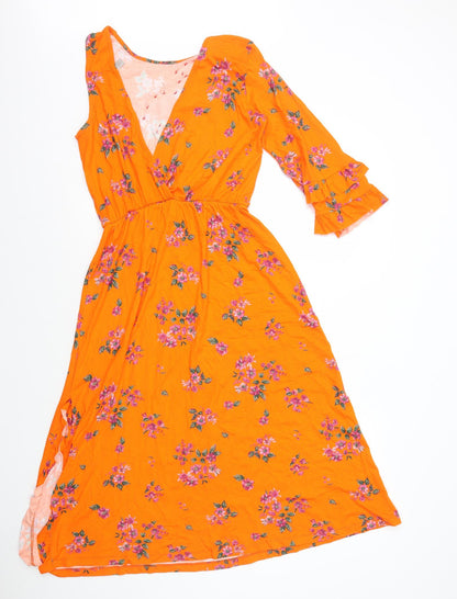 ASOS Womens Orange Floral Viscose A-Line Size 10 One Shoulder Pullover - One Sleeve