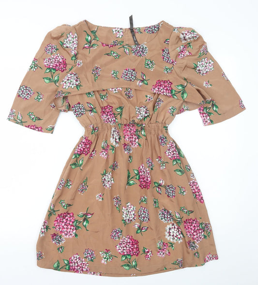 Influence Womens Brown Floral Polyester A-Line Size 10 Round Neck Zip