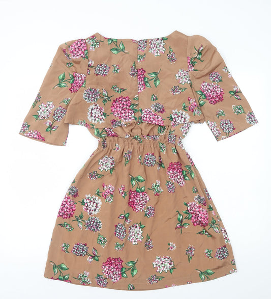 Influence Womens Brown Floral Polyester A-Line Size 10 Round Neck Zip