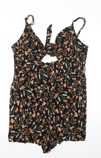 Made To Style Womens Black Geometric Viscose Playsuit One-Piece Size 14 Zip - Tie Cut Out