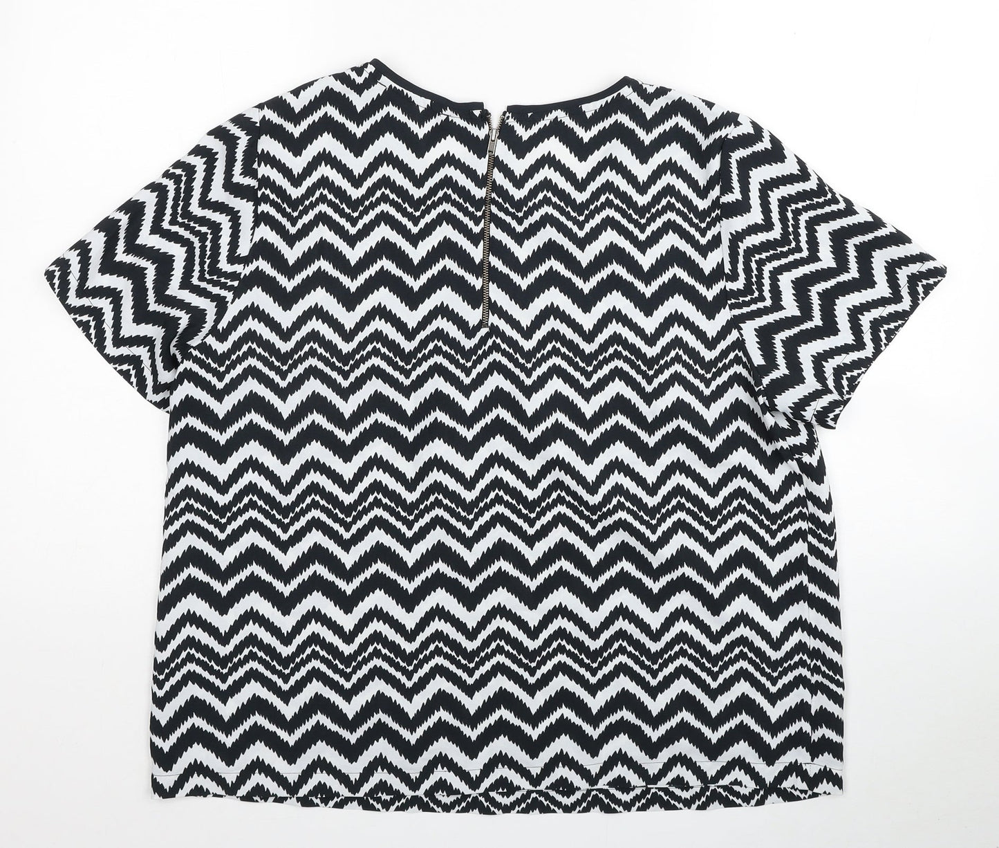 Definitions Womens Black Geometric Polyester Basic T-Shirt Size 16 Scoop Neck