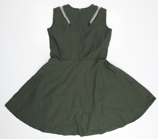 Preworn Womens Green Cotton Fit & Flare Size 2XL Round Neck Zip - Mesh Detail