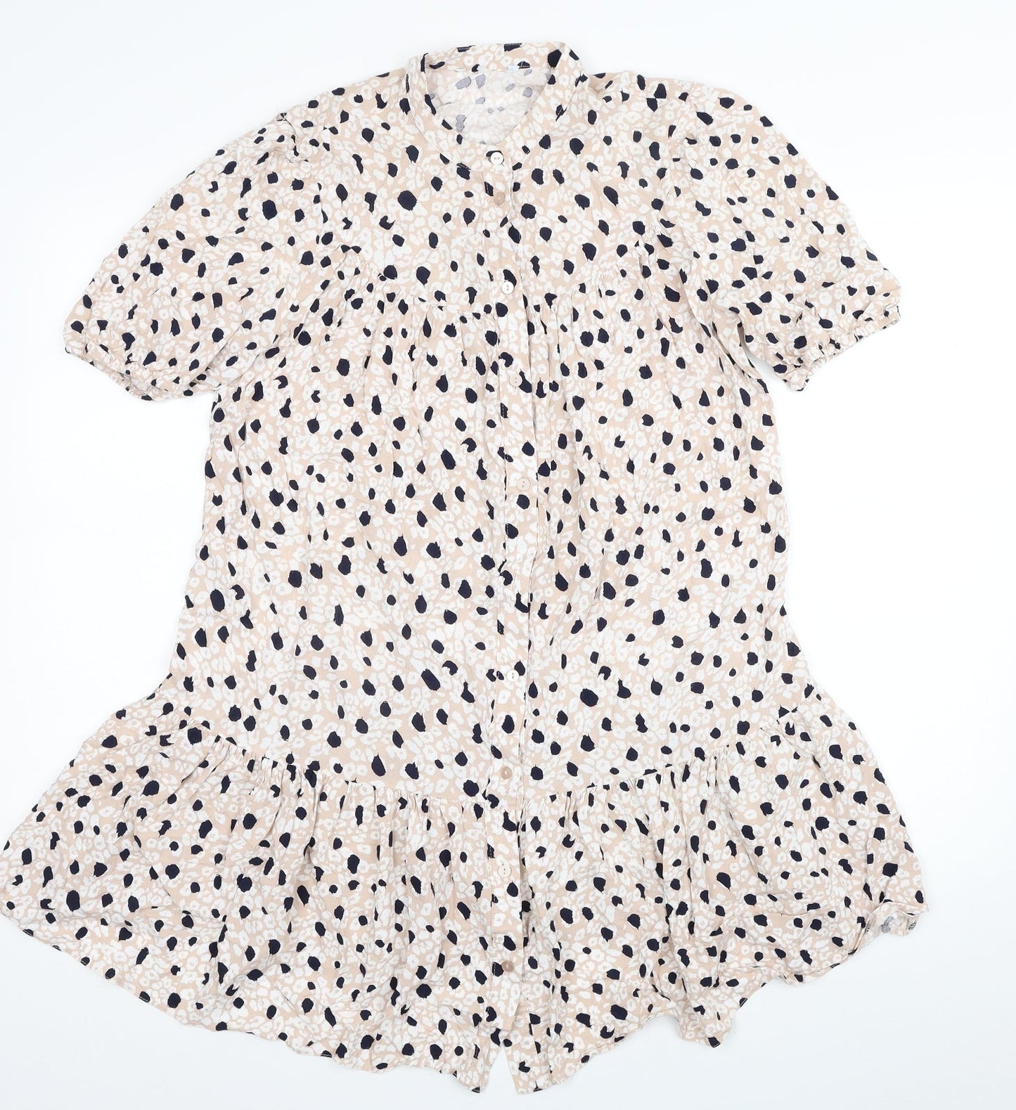 Primark Womens Beige Animal Print Viscose Shirt Dress Size 12 Round Neck Button - Leopard Print