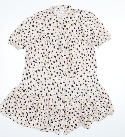 Primark Womens Beige Animal Print Viscose Shirt Dress Size 12 Round Neck Button - Leopard Print