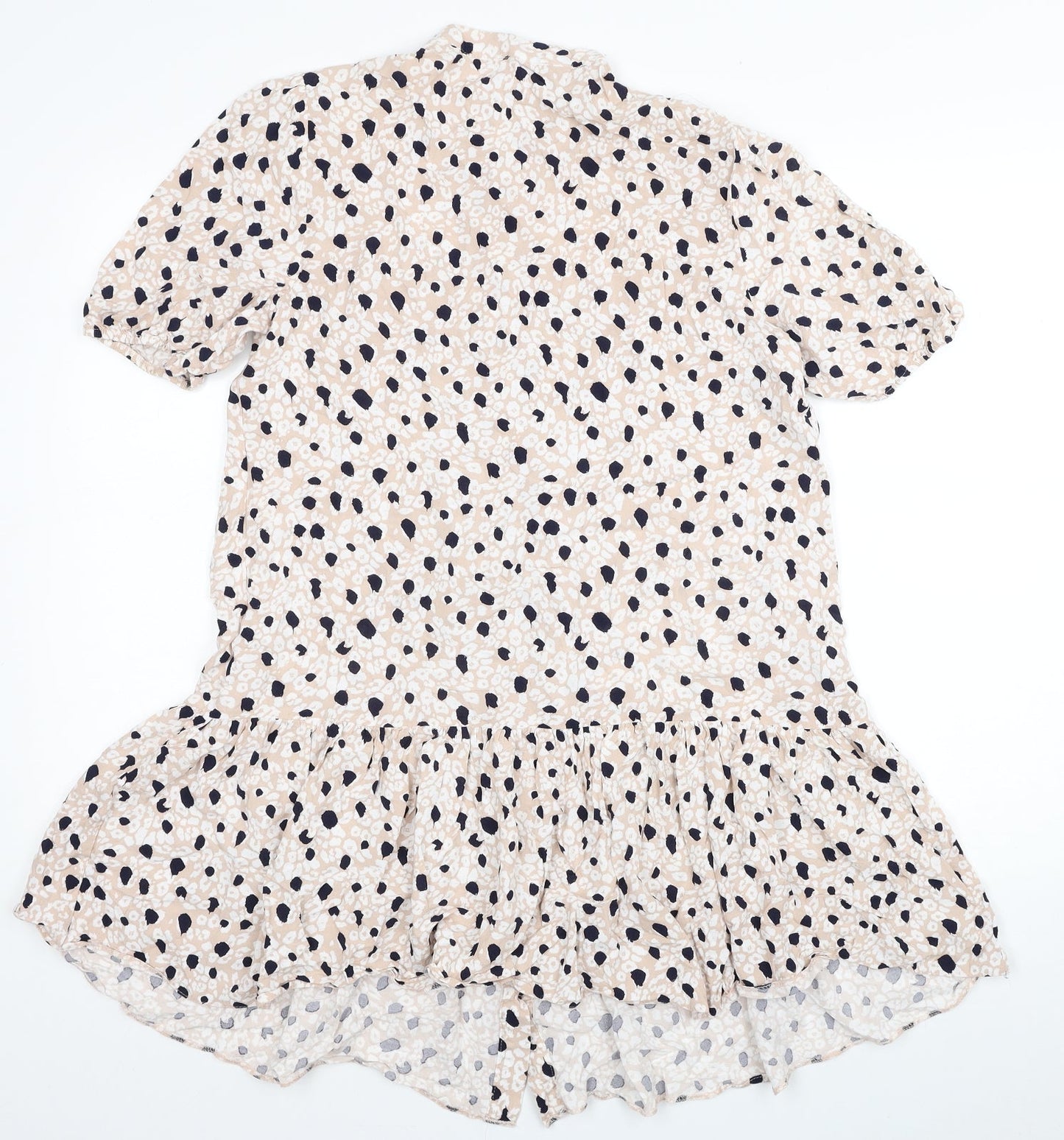Primark Womens Beige Animal Print Viscose Shirt Dress Size 12 Round Neck Button - Leopard Print