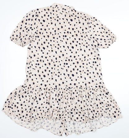 Primark Womens Beige Animal Print Viscose Shirt Dress Size 12 Round Neck Button - Leopard Print