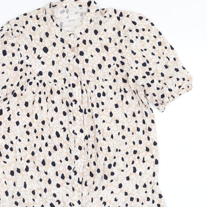 Primark Womens Beige Animal Print Viscose Shirt Dress Size 12 Round Neck Button - Leopard Print