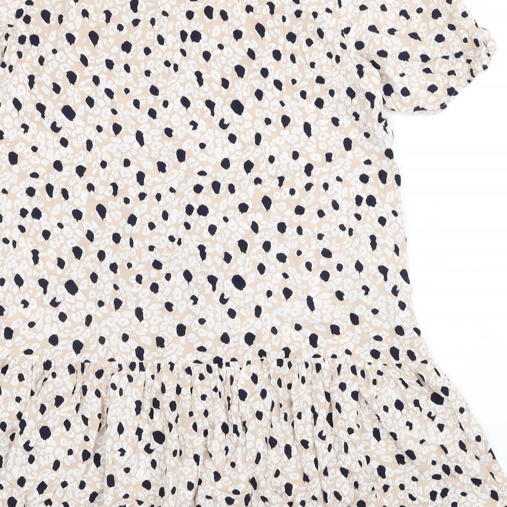 Primark Womens Beige Animal Print Viscose Shirt Dress Size 12 Round Neck Button - Leopard Print