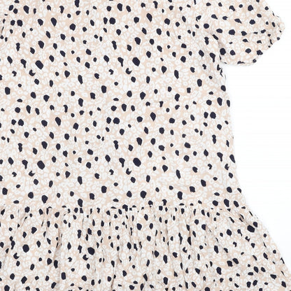 Primark Womens Beige Animal Print Viscose Shirt Dress Size 12 Round Neck Button - Leopard Print
