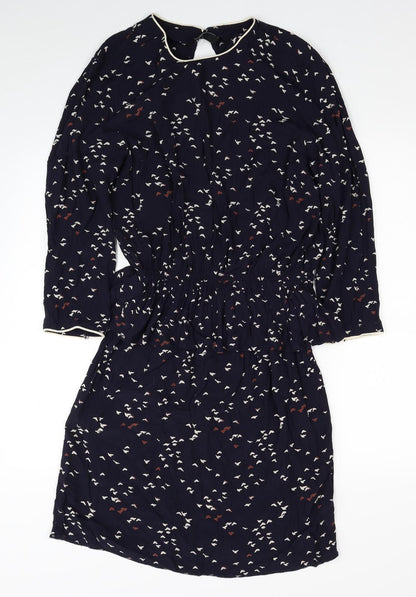 YAS Womens Blue Geometric Viscose Shirt Dress Size L Round Neck Button