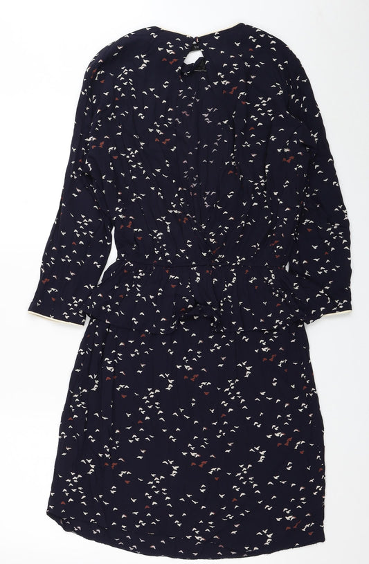 YAS Womens Blue Geometric Viscose Shirt Dress Size L Round Neck Button