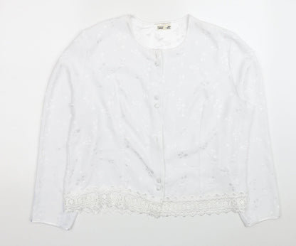 Preston Womens White Floral Polyester Basic Button-Up Size L Scoop Neck