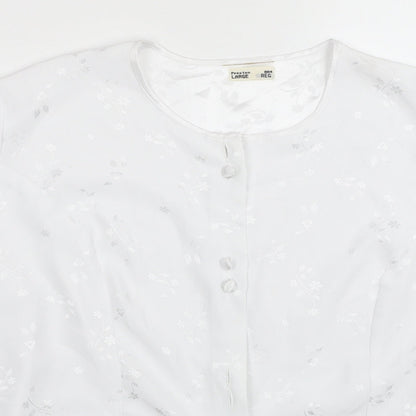 Preston Womens White Floral Polyester Basic Button-Up Size L Scoop Neck
