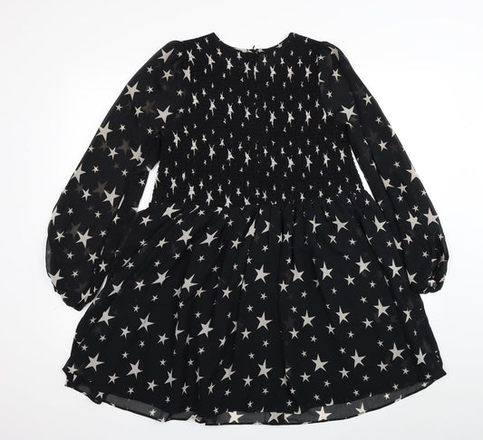 ASOS Womens Black Geometric Polyester Fit & Flare Size 8 Scoop Neck Zip - Star Print