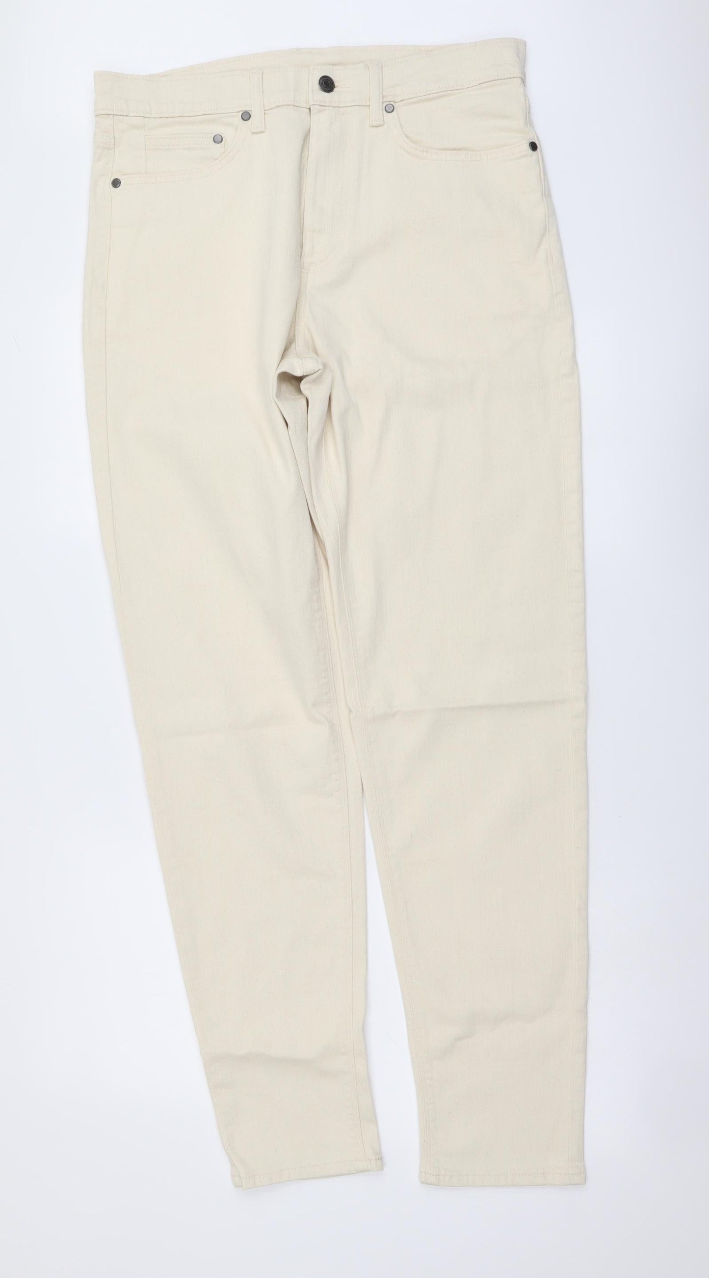 Marks and Spencer Mens Beige Cotton Tapered Jeans Size 32 in L33 in Regular Button