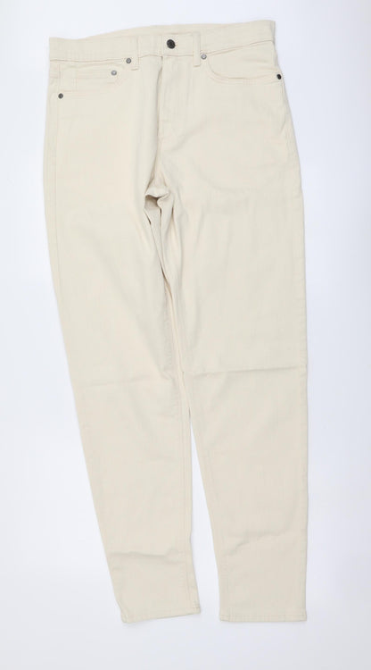 Marks and Spencer Mens Beige Cotton Tapered Jeans Size 32 in L33 in Regular Button