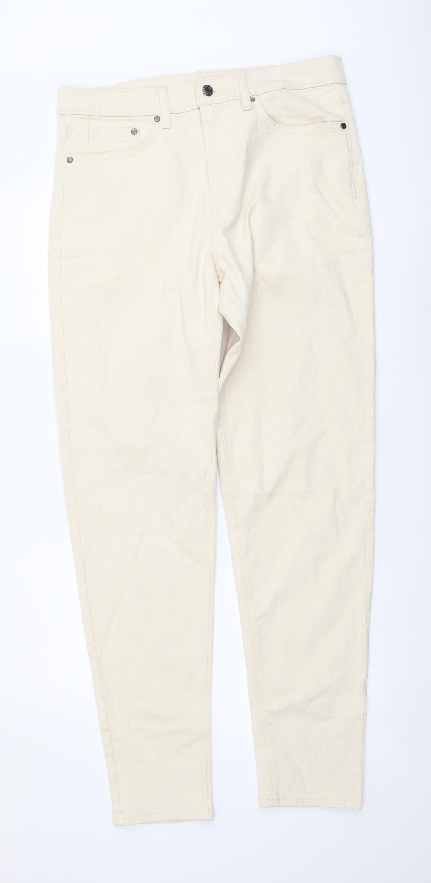 Marks and Spencer Mens Beige Cotton Tapered Jeans Size 32 in L33 in Regular Button