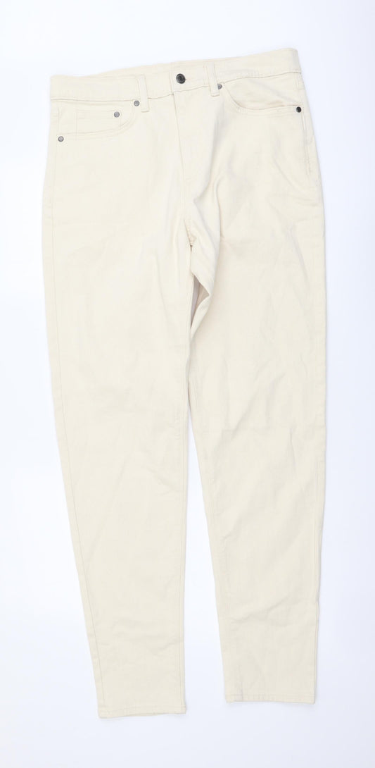 Marks and Spencer Mens Beige Cotton Tapered Jeans Size 32 in L33 in Regular Button