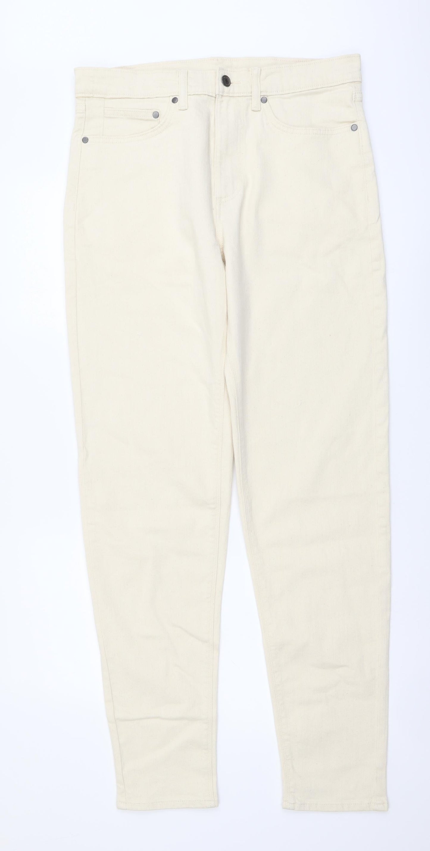 Marks and Spencer Mens Beige Cotton Tapered Jeans Size 32 in L33 in Regular Button