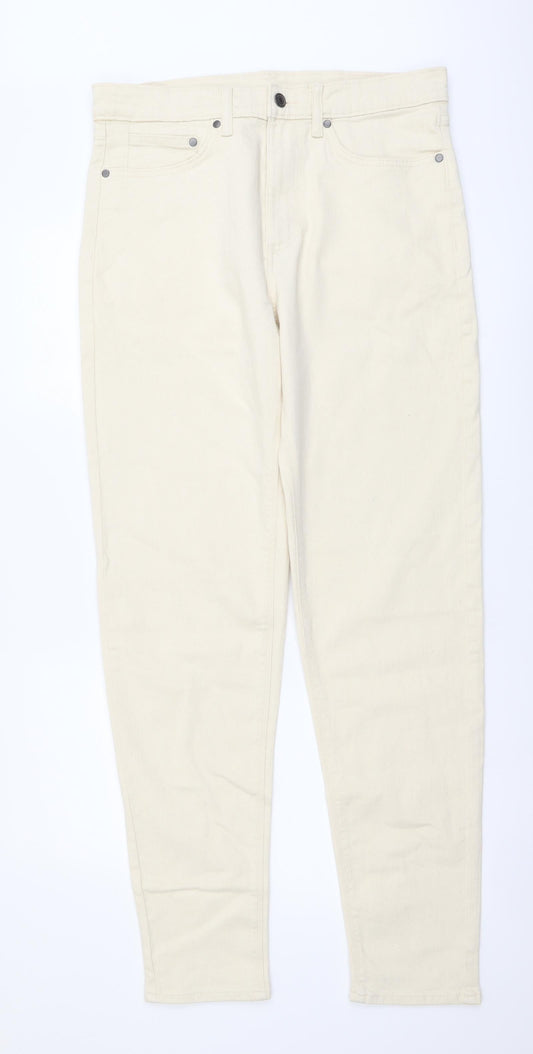 Marks and Spencer Mens Beige Cotton Tapered Jeans Size 32 in L33 in Regular Button