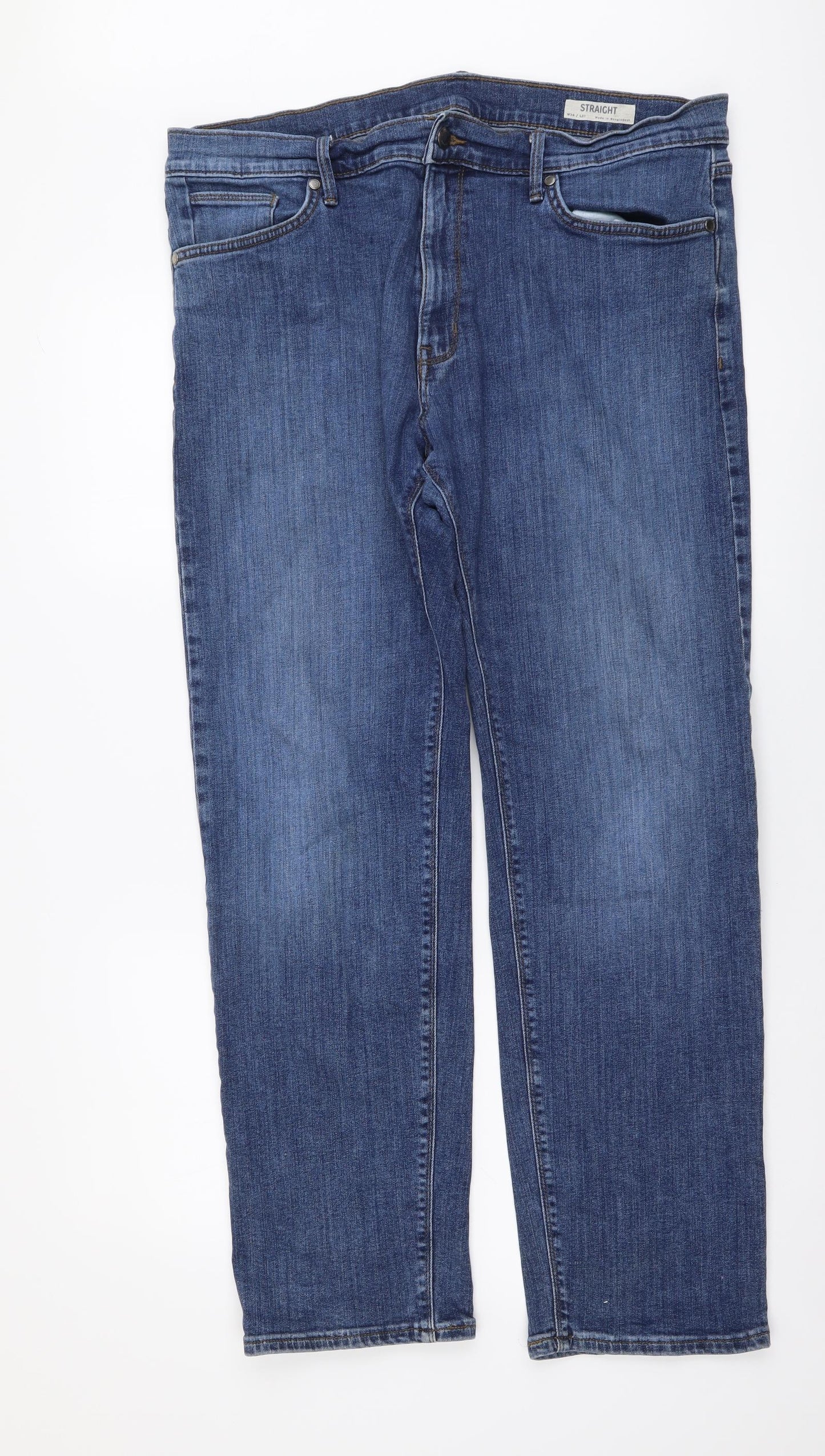 Marks and Spencer Mens Blue Cotton Straight Jeans Size 36 in L31 in Regular Button