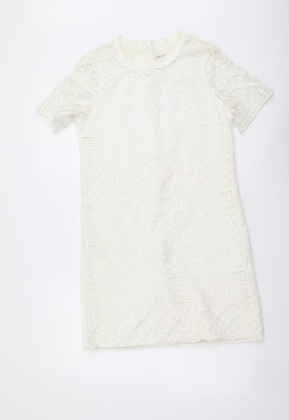 River Island Womens Ivory Geometric Polyester A-Line Size 8 Round Neck Zip