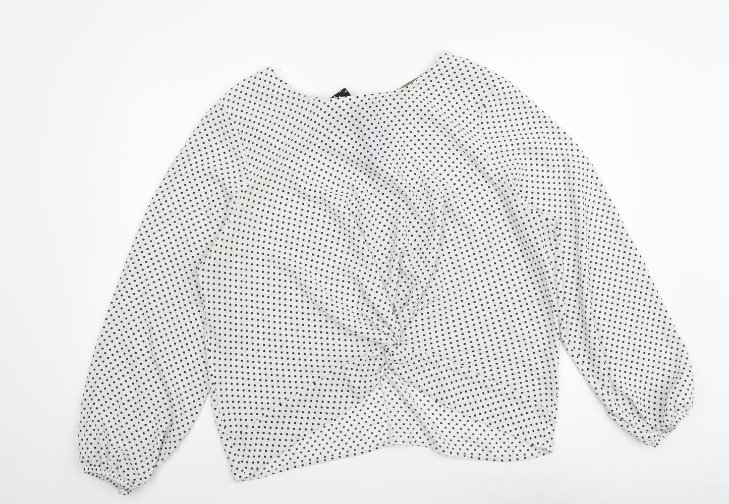 Ashua Womens White Polka Dot Polyester Basic Blouse Size L Round Neck