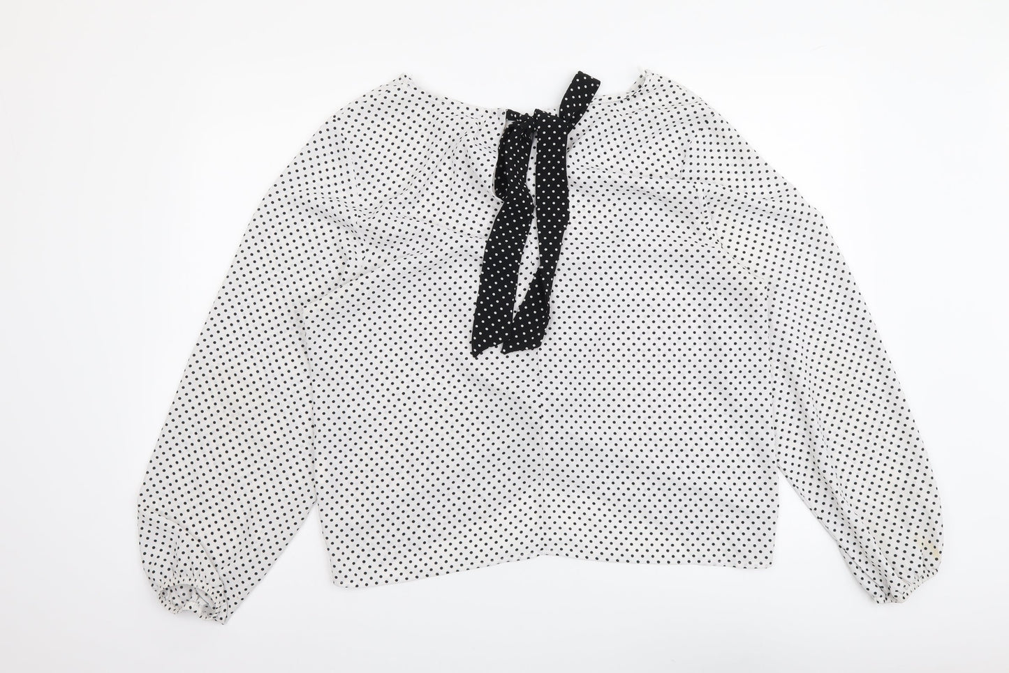 Ashua Womens White Polka Dot Polyester Basic Blouse Size L Round Neck