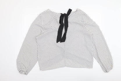 Ashua Womens White Polka Dot Polyester Basic Blouse Size L Round Neck