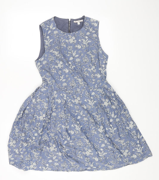 Gap Womens Blue Floral Cotton Fit & Flare Size 4 Round Neck Zip