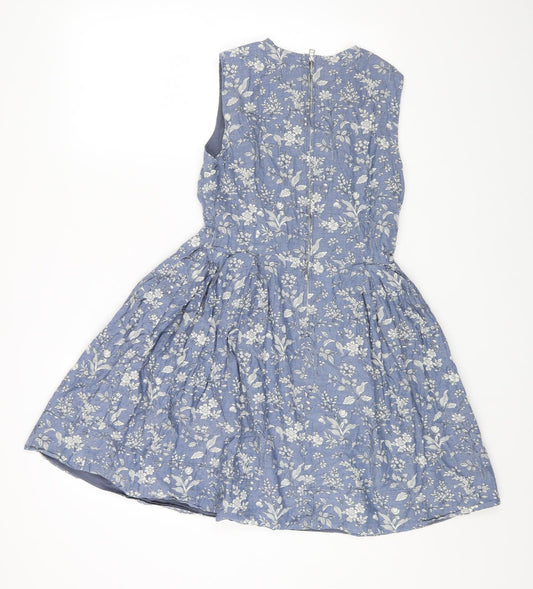 Gap Womens Blue Floral Cotton Fit & Flare Size 4 Round Neck Zip