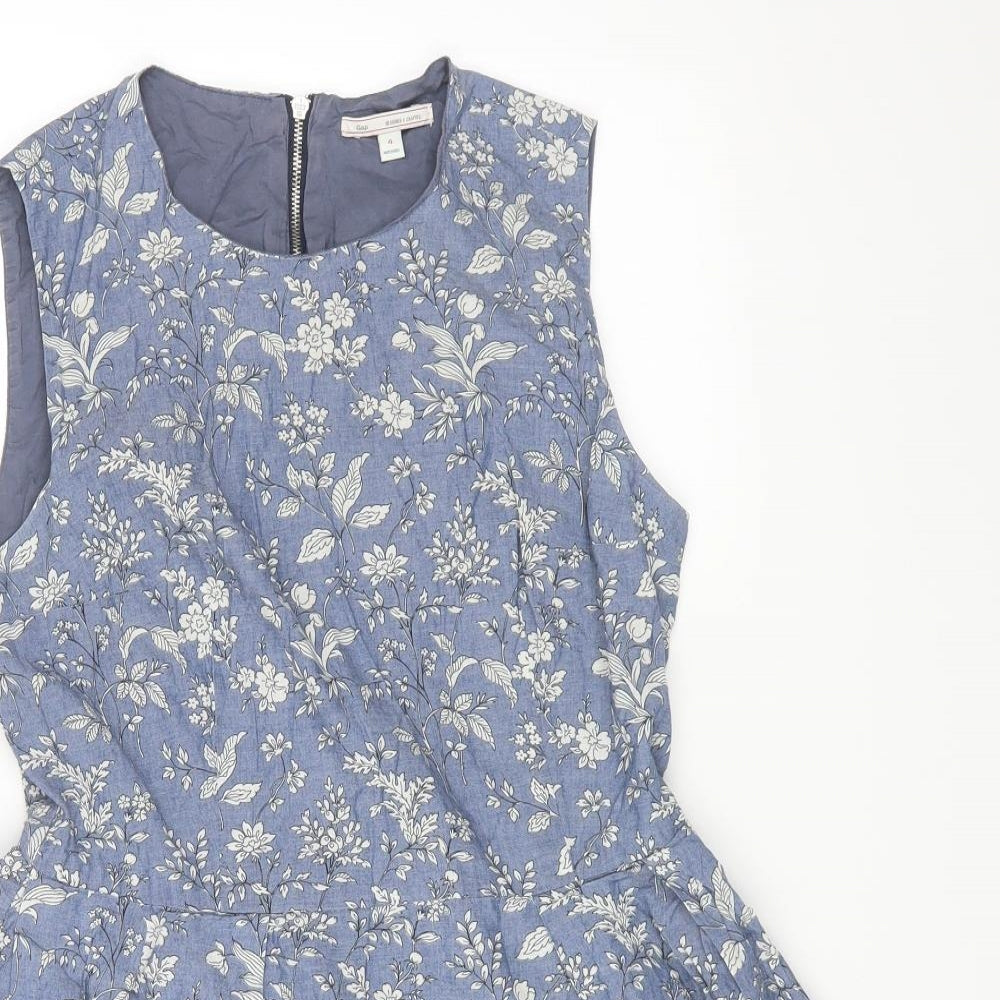 Gap Womens Blue Floral Cotton Fit & Flare Size 4 Round Neck Zip